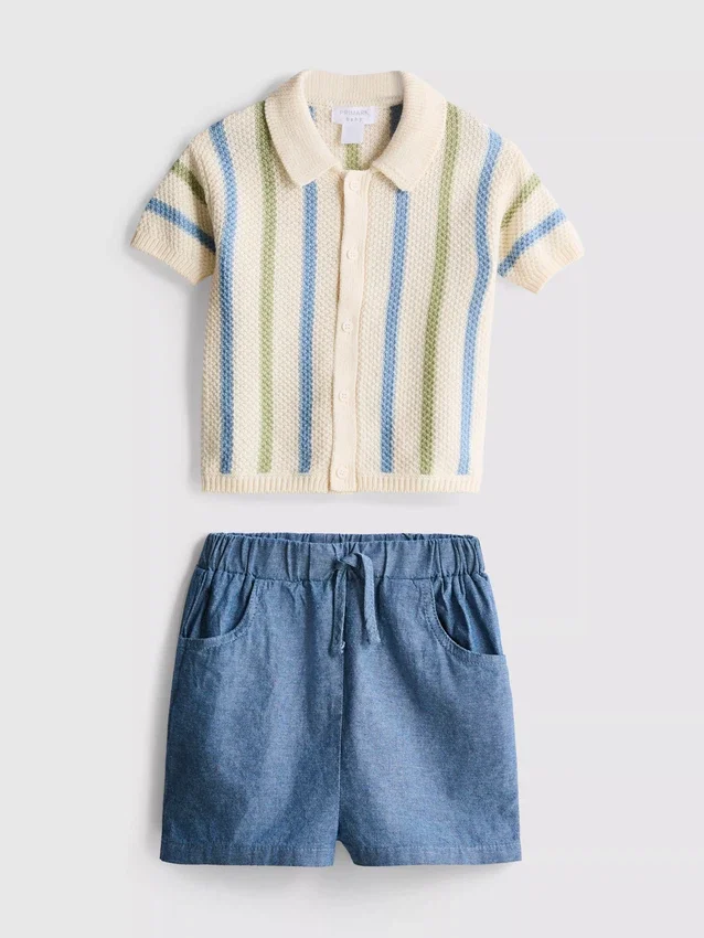 0–12 måneder | Sett med stripete strikket polokjortse og shorts