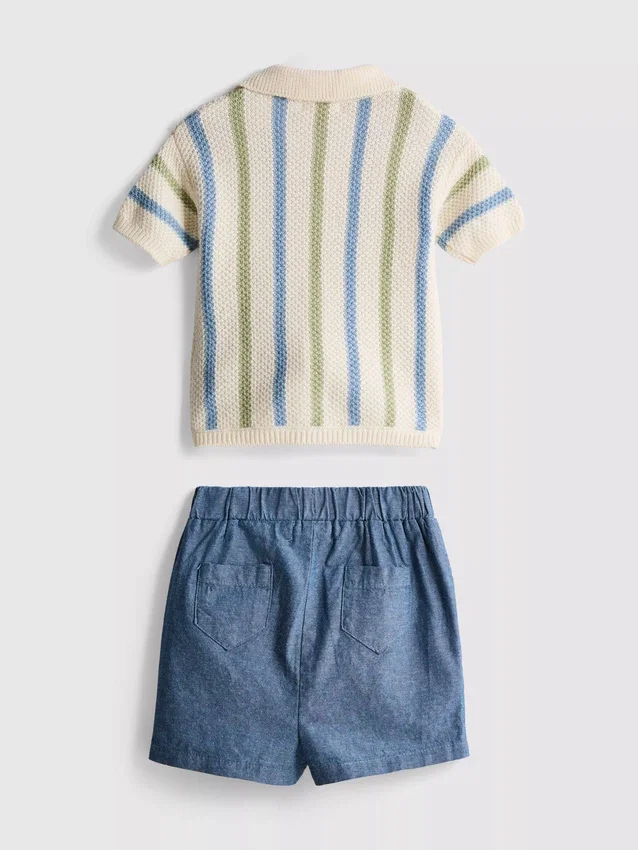 0–12 måneder | Sett med stripete strikket polokjortse og shorts