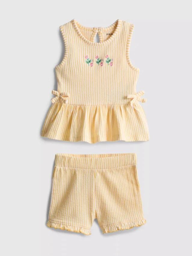 0–36 måneder | Sett med blomsterbrodert topp med peplum-kant og Shorts