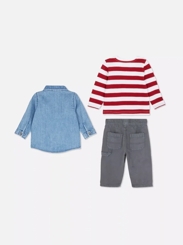 0–36 måneder | Sett med langermet T-skjorte, bukser og denimskjorte