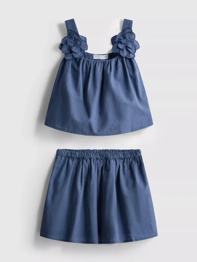 1,5–12 år | The Edit-sett med topp og skjørt i linblanding med blomsterapplikasjoner