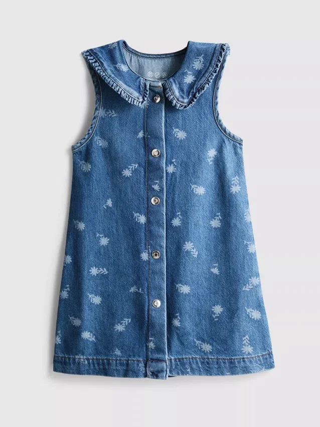 1,5–8 år | blomstret, ermeløs denimkjole med krage