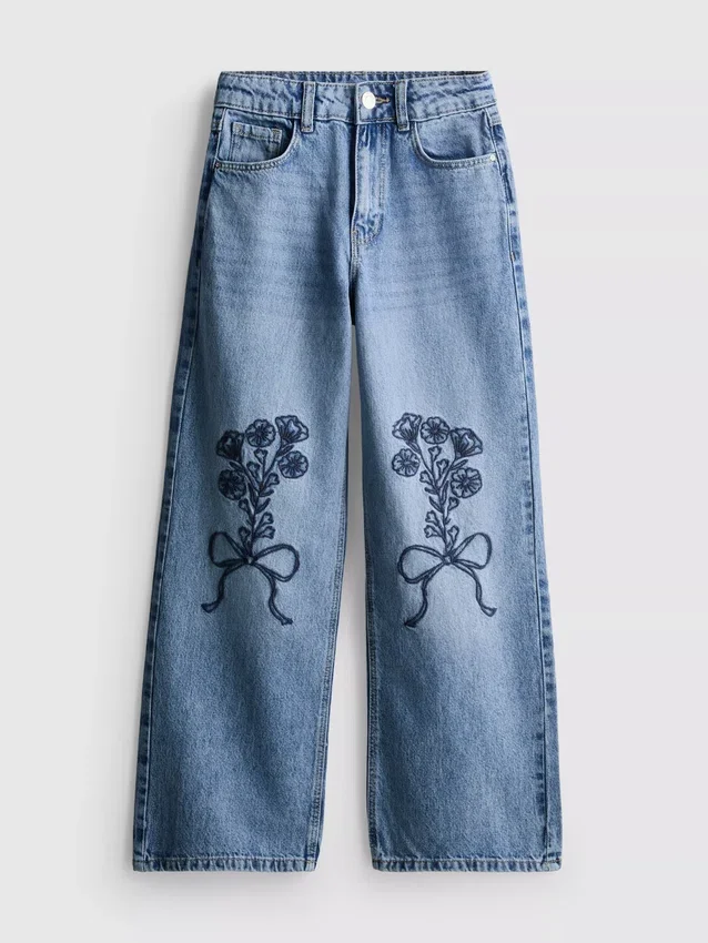 7–15 år | Jeans med brede ben og brodert blomsterbue