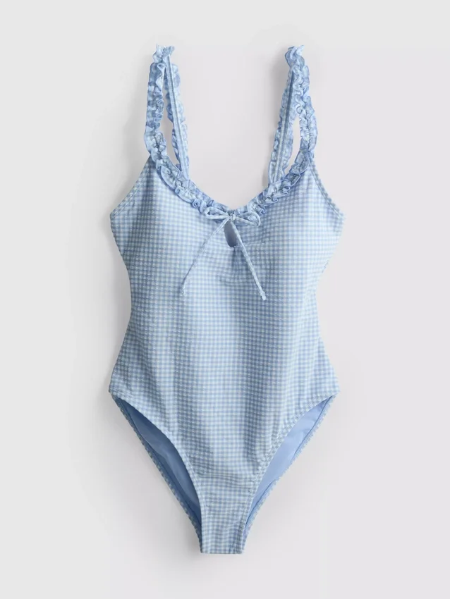 Badedrakt med volanger i gingham-mønster