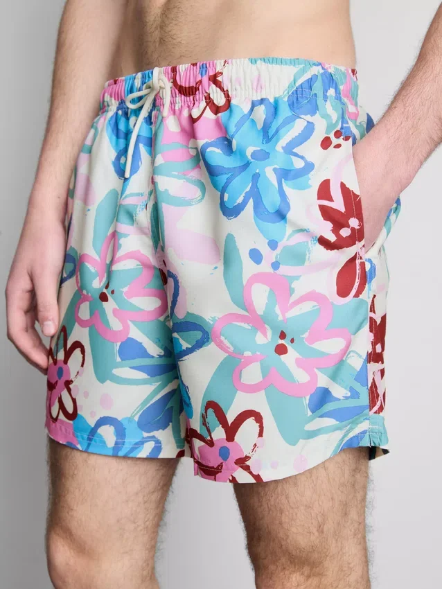 Badeshorts med blomstermønster og graffitiprint