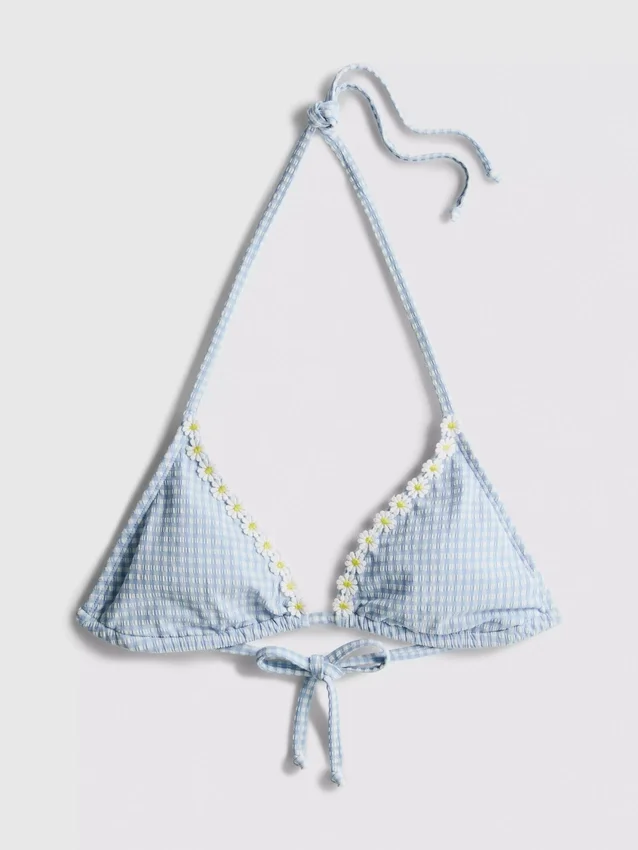 Bikinitopp i gingham med trekantform og daisy-kant