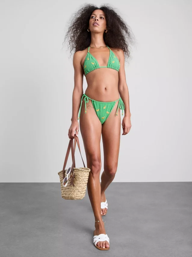 Bikinitopp med gingham-mønster og bananbroderi