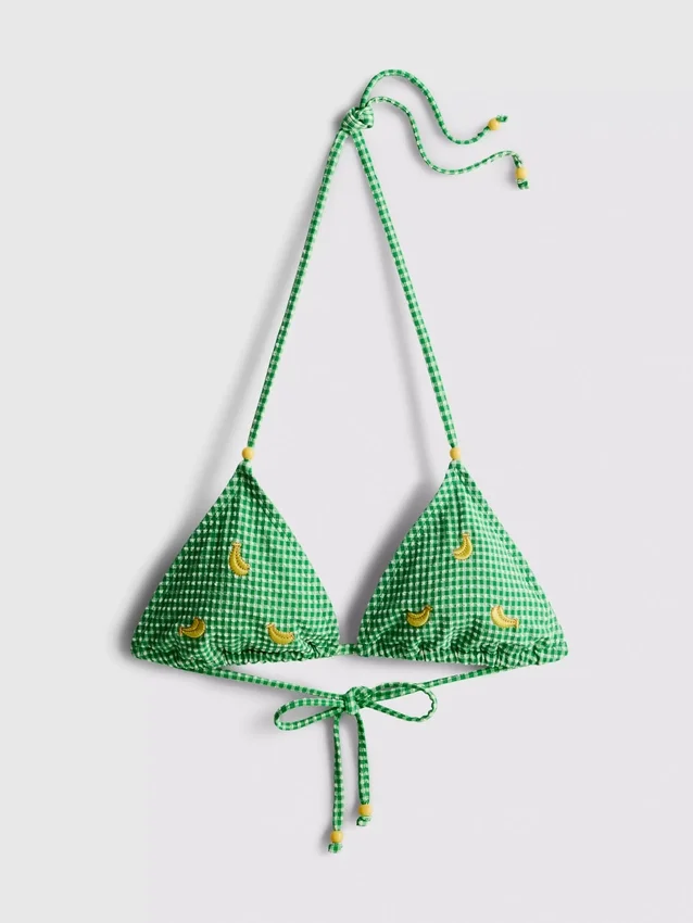 Bikinitopp med gingham-mønster og bananbroderi