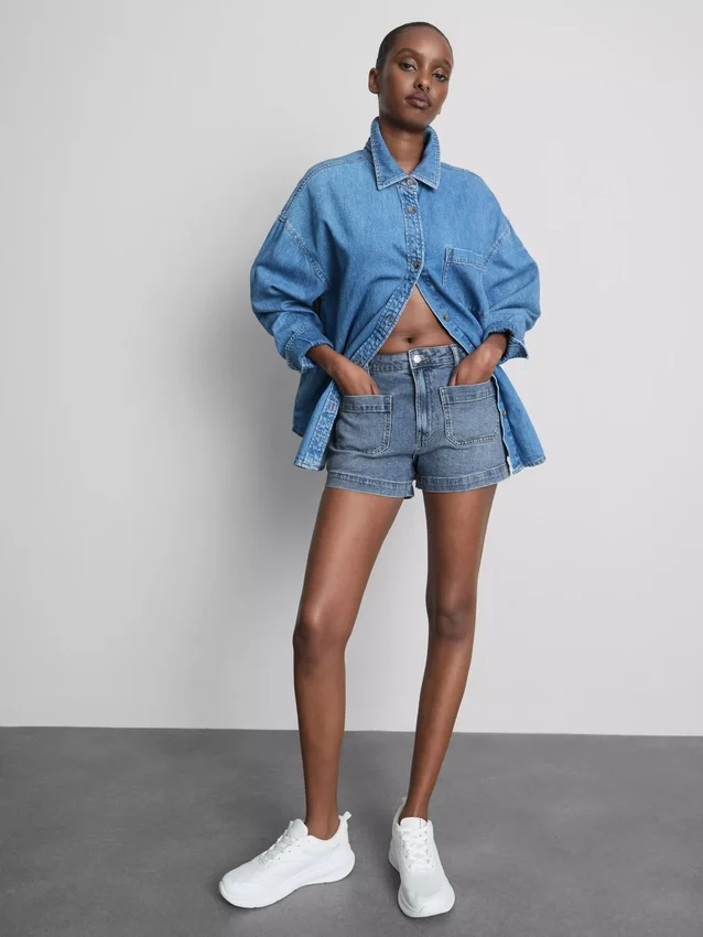 Bomullsdenim-shorts med lommer foran