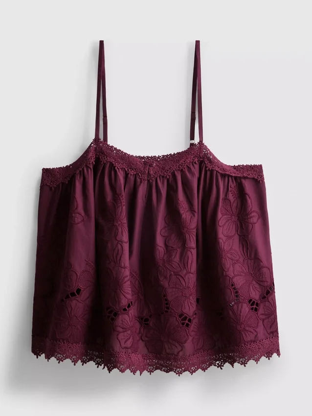 Cami-top i bomull med blomsterbroderi