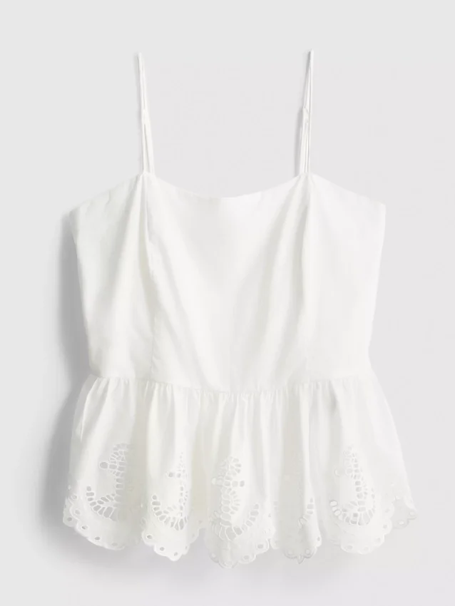 Cami-top i bomull med brodert peplum-kant