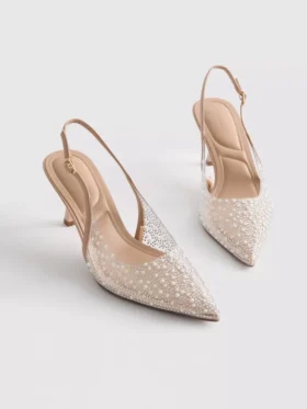 Diamanta slingback-høyhælte sko med imitert perle