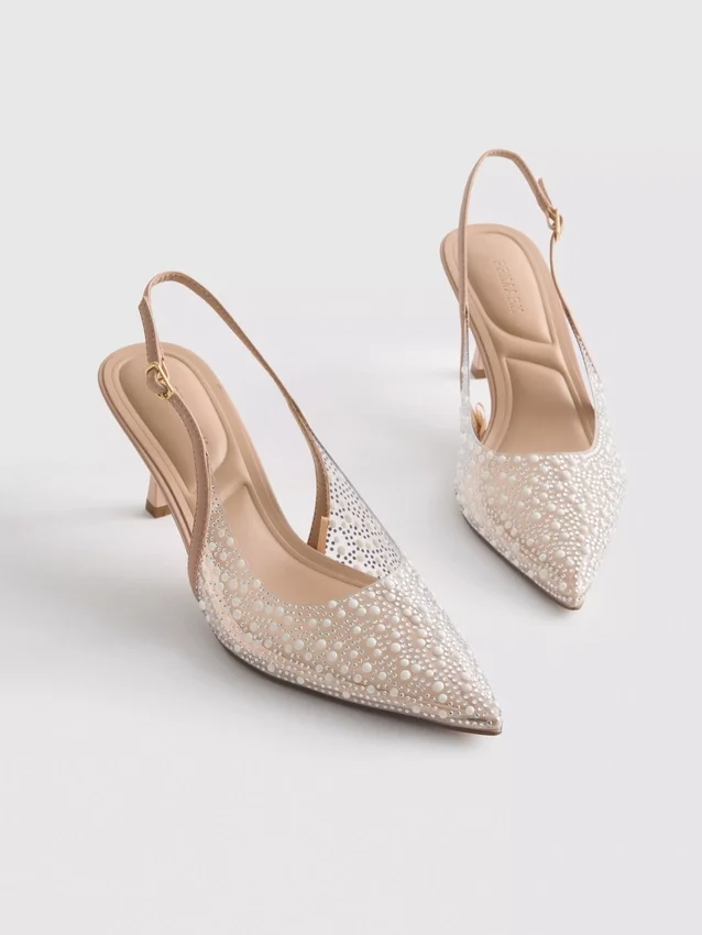 Diamanta slingback-høyhælte sko med imitert perle