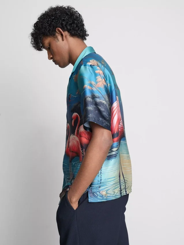 Kortærmet skjorte med knapper og flamingo-trykk