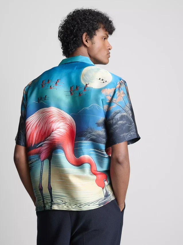 Kortærmet skjorte med knapper og flamingo-trykk