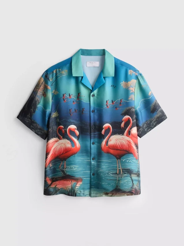 Kortærmet skjorte med knapper og flamingo-trykk