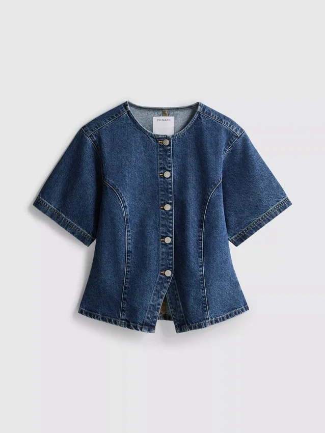 Kortærmet topp i bomullsdenim med innsvingt midje