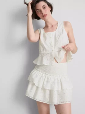 Mini-skjørt i bomull med lagvis design og broderi