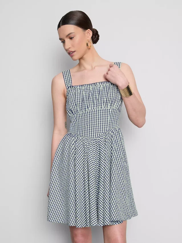 Minikjole med korsett i gingham-mønster