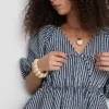Paula Echevarría stripet seersucker-bluse med puffermmer