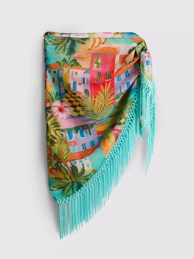 Sarong med frynser og tropisk mønster