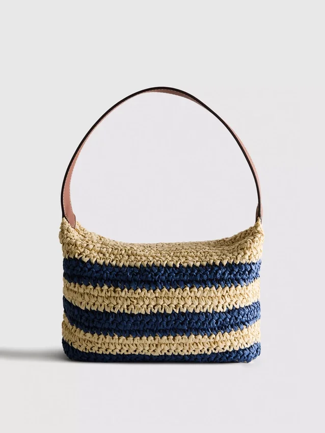 Stripet raffia-skulderveske