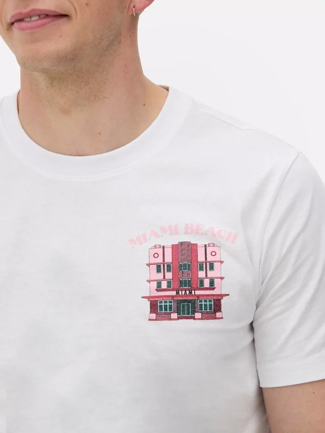 T-skjorte med illustrasjoner av hus i Miami Beach
