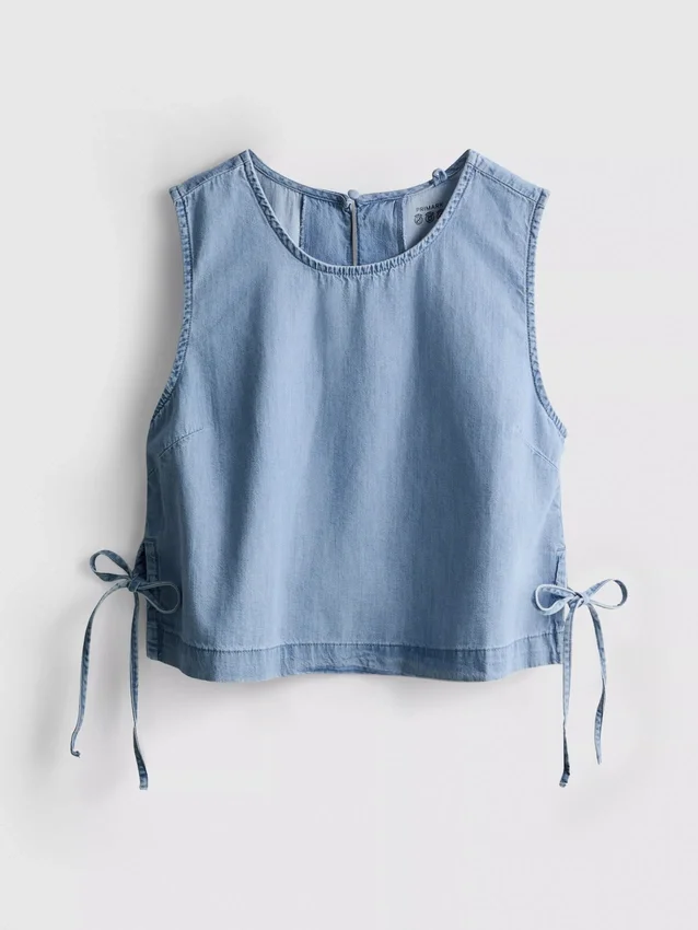 Tanktop i bomullsdenim med bånd i sidene