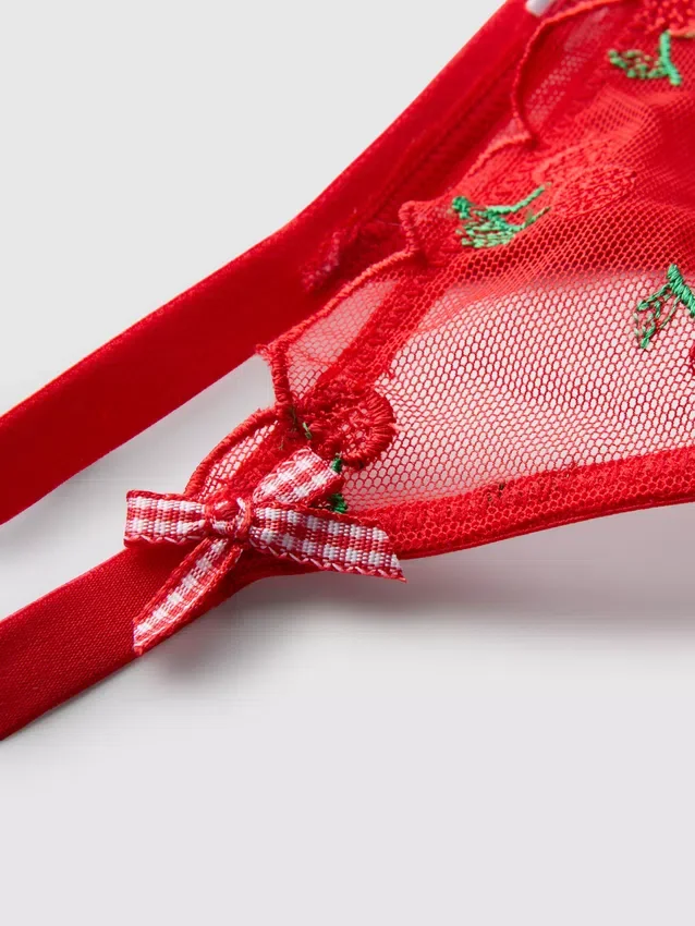 Undertøysett i mesh med brodert kirsebærmotiv