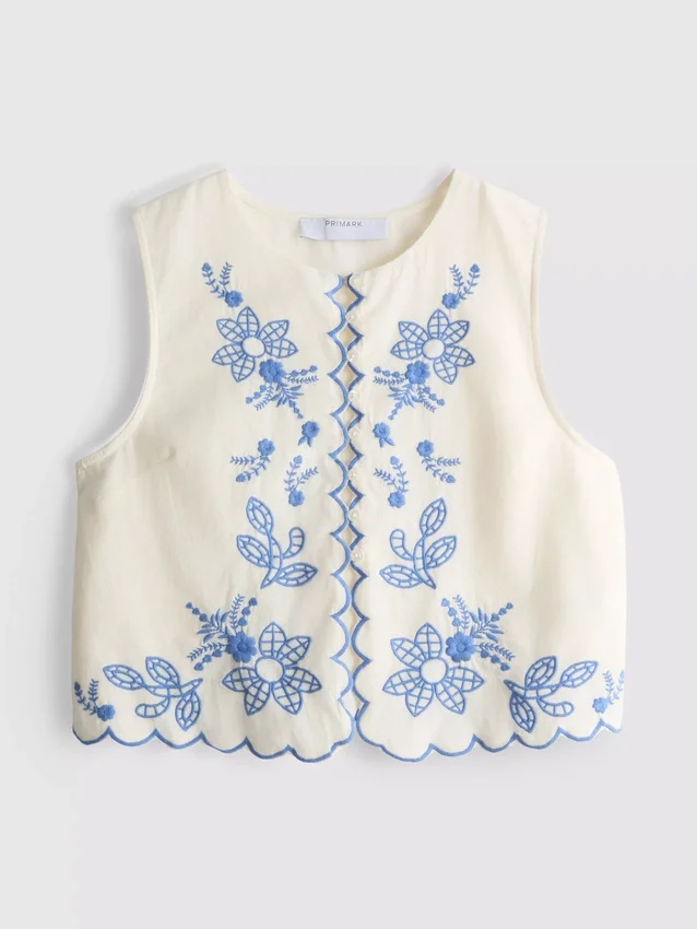 Vest i bomull med blomsterbroderi